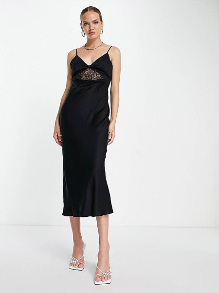 Topshop lace trim midi slip dress in black