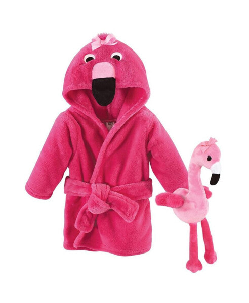 Infant Girl Plush Bathrobe and Toy Set, Flamingo, One Size