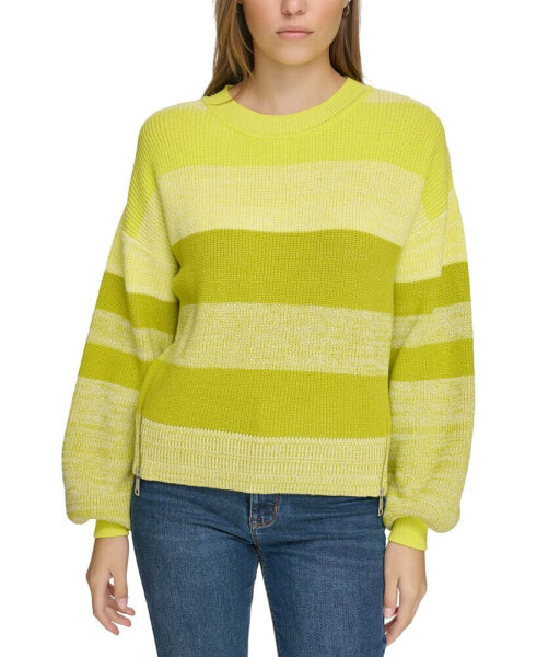 Women's Striped Side-Zip Blouson-Sleeve Sweater
