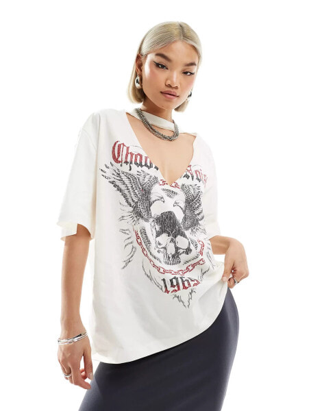 ASOS DESIGN oversized t-shirt with chaotic noise rock graphic and cut out neck in cream