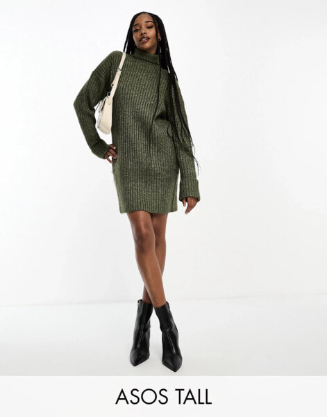 ASOS DESIGN Tall knitted jumper mini dress with high neck in khaki