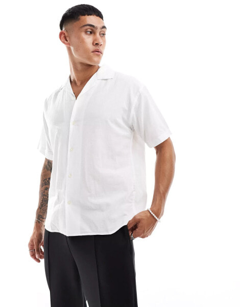 Jack & Jones linen shirt with revere collar in white