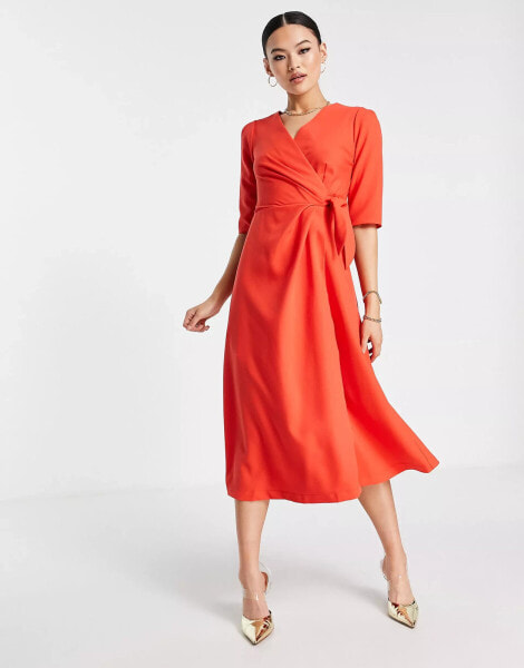 Closet London tie front midi dress with wrap skirt in red