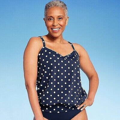 Lands' End Women's UPF 50 Polka Dot Blouson Tankini Top - Navy Blue XS