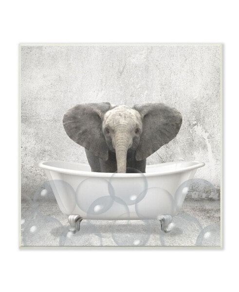 Baby Elephant Bath Time Cute Animal Design Wall Plaque Art, 12" x 12"