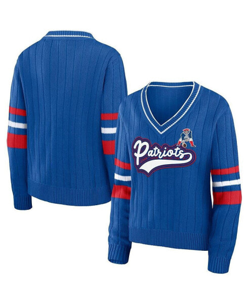 Women's Royal Distressed New England Patriots Throwback V-Neck Sweater