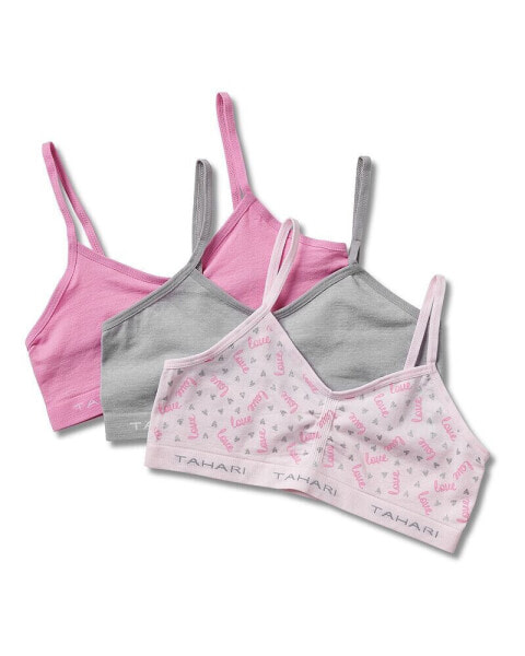 Big Girls 3-Pack Printed and Solid Color Seamless Bras with Logo Band