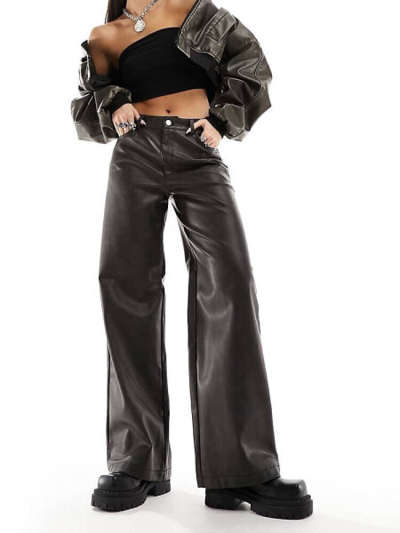 ONLY faux leather wide fit trouser in washed black