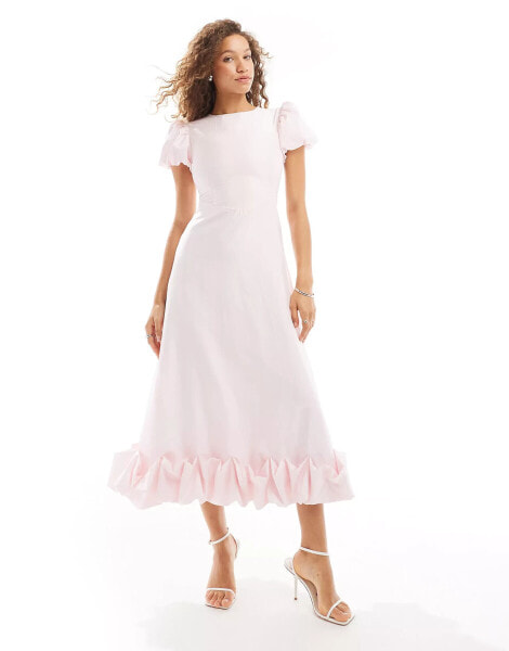 Sister Jane puff sleeve ruffle hem midi dress in powder pink