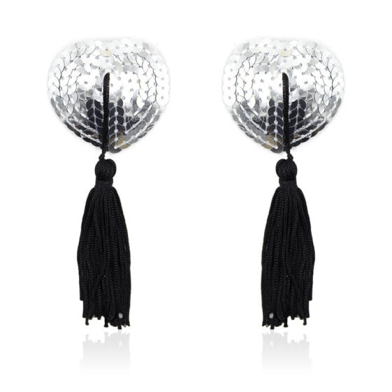 Self-Adhesive Heart Sequin Nipple Cover with Tassel Silver/Black