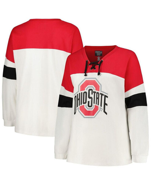 Women's White Ohio State Buckeyes Plus Size Colorblock Lace-Up Long Sleeve T-shirt