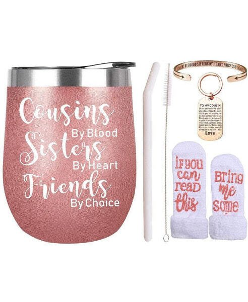 Cousin Gifts for Women, Humorous Birthday and Christmas Present Ideas, Blood Sisters Heart Friends Choice Coffee Mug Cup Tumbler and Bracelet Jewelry Set for Female Cousin