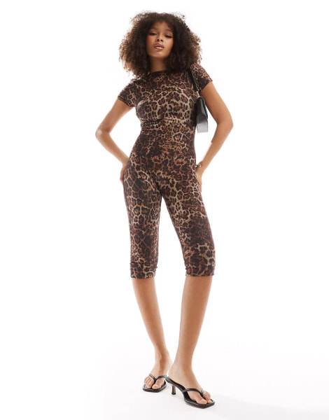 ASOS DESIGN soft touch unitard with open back and 3/4 trouser in leopard print