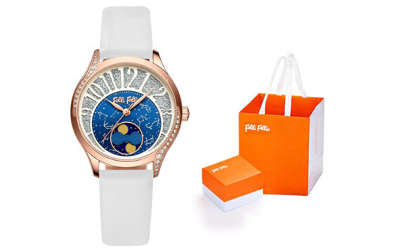 Часы и аксессуары Folli Follie FF22B008B - женские модные наручные часы с кварцевым механизмом, голубым циферблатом, изысканным дизайном с бриллиантами, водонепроницаемые, с настоящим кожаным ремешком.