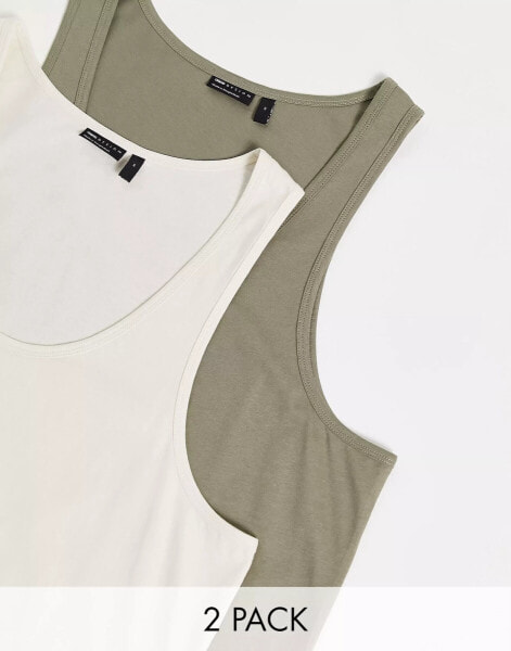 ASOS DESIGN 2 pack vest with scoop neck in ecru and khaki