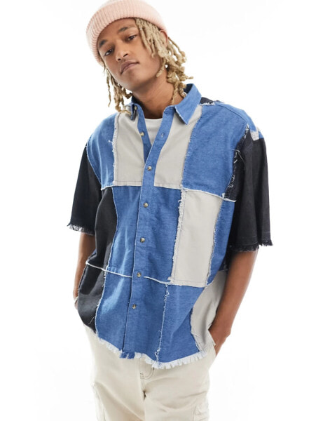 ASOS DESIGN oversized shirt in mixed denim and twill cut and sew in multi