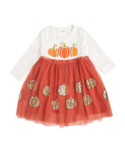 Little and Big Girls Pumpkin Long Sleeve Tutu Dress