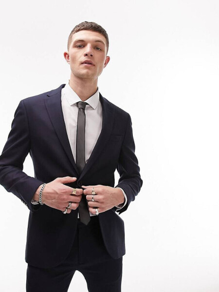 Topman stretch super skinny textured suit jacket in navy