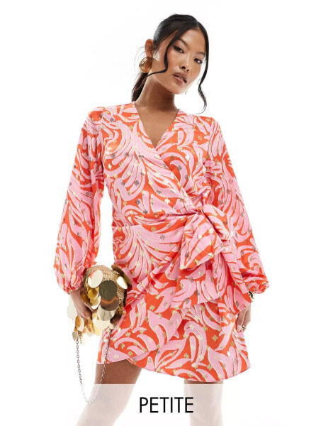 Never Fully Dressed Petite metallic wrap mini dress in pink and orange