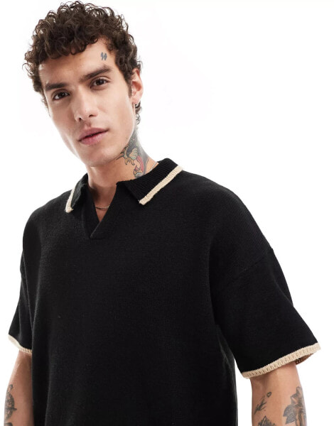 ASOS DESIGN coord oversized knitted polo shirt with contrast tipping in black