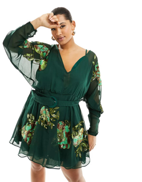 ASOS DESIGN Curve mini dress with floral embellishment and godet skirt with belt in green