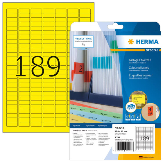 HERMA Coloured Labels A4 25.4x10 mm yellow paper matt 3780 pcs. - Yellow - Self-adhesive printer label - A4 - Paper - Laser/Inkjet - Removable