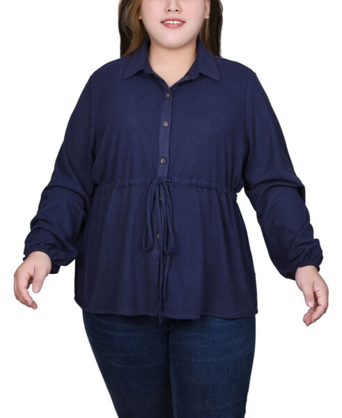 Plus Size Long Dolman Sleeve Drawstring-Waist Tunic Top