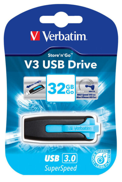 Verbatim V3 32GB - 32 GB - USB Type-A - 3.2 Gen 1 (3.1 Gen 1) - 60 MB/s - Slide - Black - Blue
