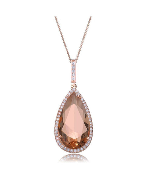 Sterling Silver 18K Rose Gold Plated Pear Shaped Morganite Cubic Zirconia Pendant Necklace