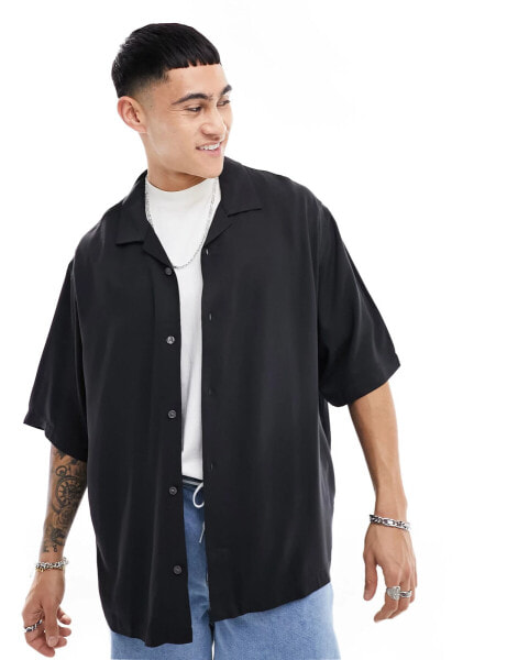 Weekday oversized resort short sleeve shirt in black