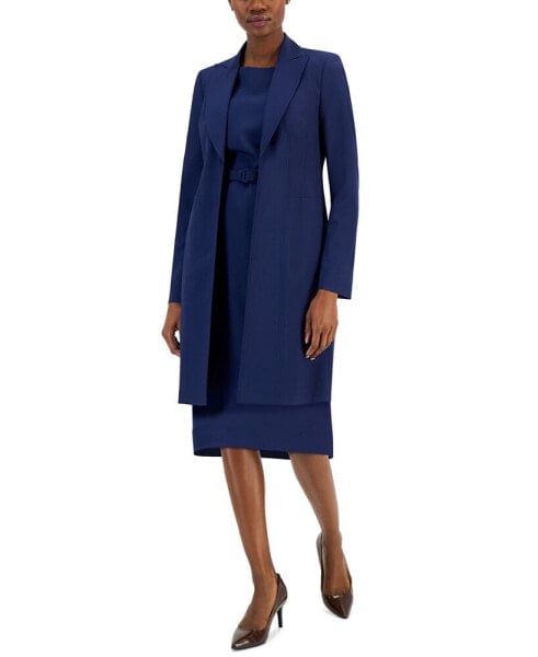 Women's Longline Jacket Topper & Belted Sleeveless Sheath Dress