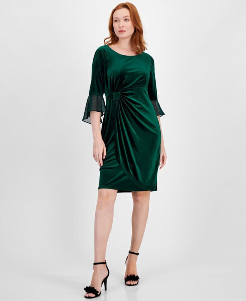 Women's Velvet Side-Gathered Bell-Sleeve Dress