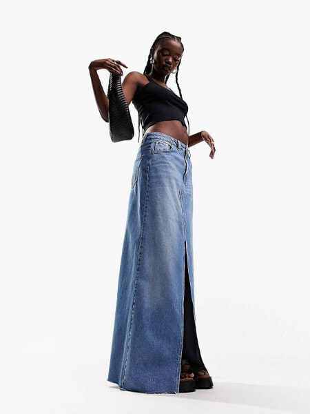 ASOS DESIGN lightweight denim maxi skirt with split front in blue