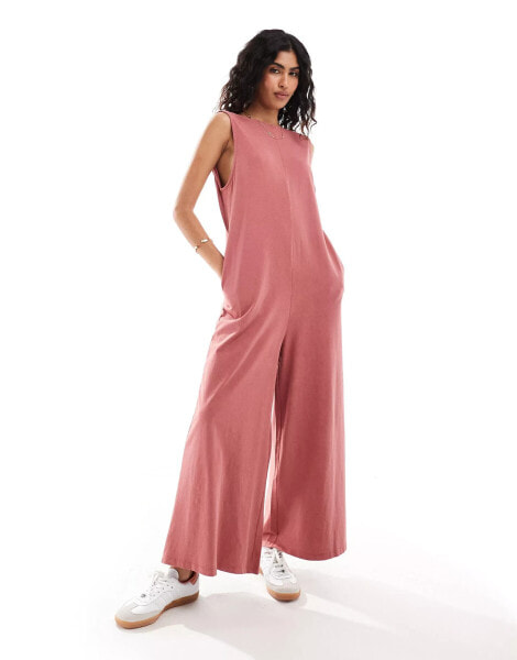 ASOS DESIGN cami washed jersey jumpsuit with pocket detail in rose pink