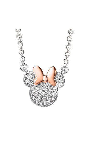 Womens Minnie Mouse Silver Plated Cubic Zirconia Necklace, 16+2"
