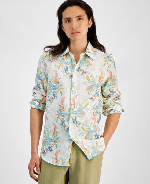 Men's Lula Regular-Fit Leaf-Print Button-Down Linen Shirt, Created for Macy's