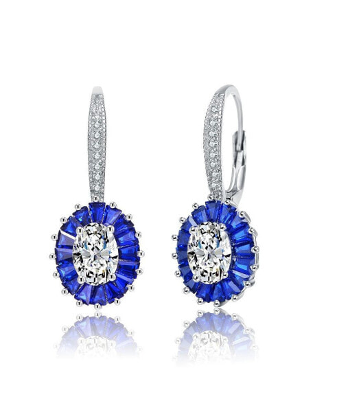 GV Sterling Silver White Gold Plated and Sapphire Cubic Zirconia Leaverback Earrings