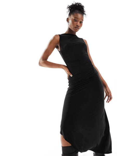 COLLUSION ruched slash neck asymmetric dress in black