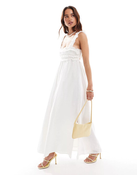 Mango embroidered premium midi dress in white