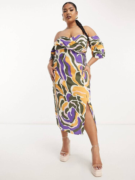 ASOS DESIGN Curve Exclusive pleated off shoulder midi dress with wrap bust in abstract print