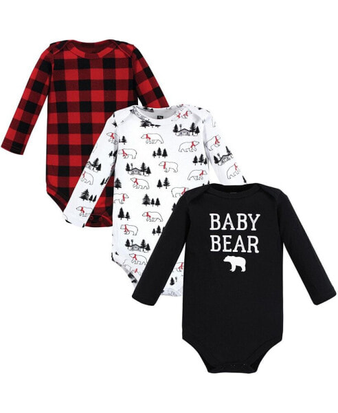 Baby Boys Cotton Long-Sleeve Bodysuits, Buffalo Plaid Bear 3-Pack