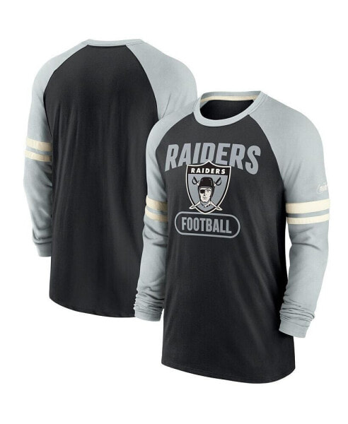 Men's Black and Silver-Tone Las Vegas Raiders Throwback Raglan Long Sleeve T-shirt