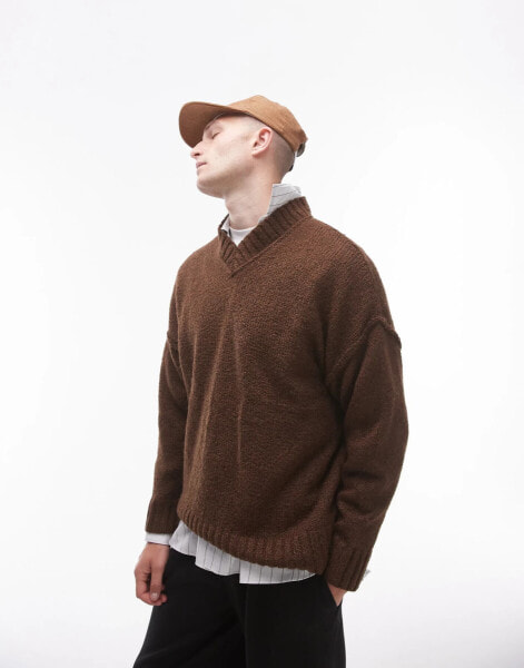 Topman – Oversize-Pullover in Braun mit V-Ausschnitt und Ziernaht