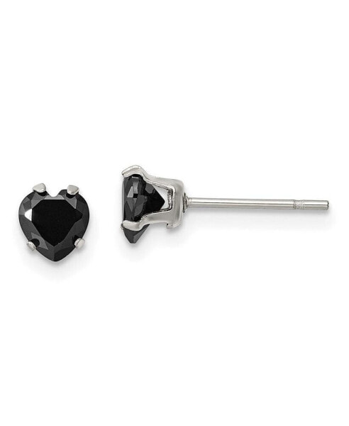 Stainless Steel Polished Black Heart CZ Stud Earrings