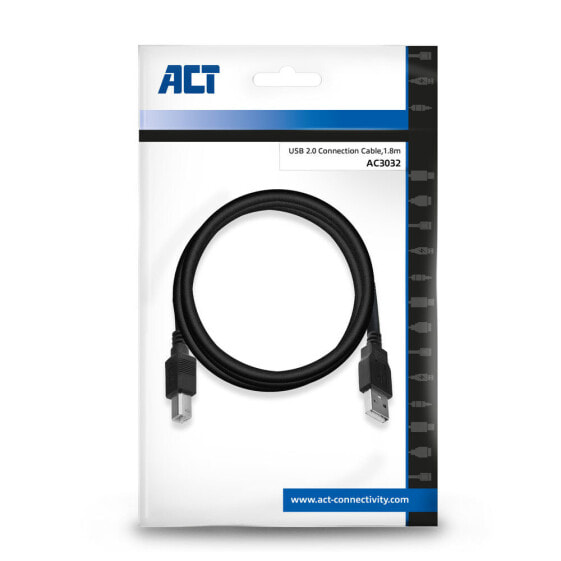 ACT AC3032 - 1.8 m - USB A - USB B - USB 2.0 - 480 Mbit/s - Black
