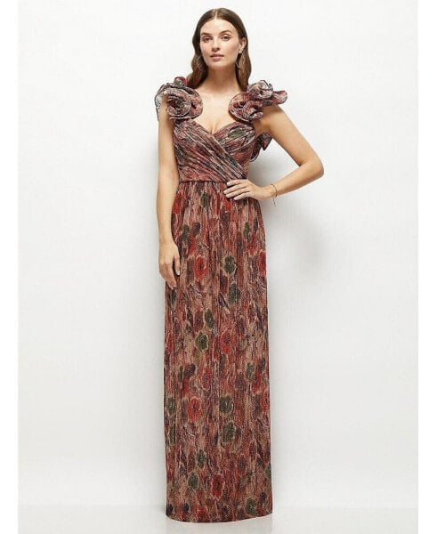 Women's Dramatic Ruffle Edge Strap Fall Foral Pleated Metallic Maxi Dress