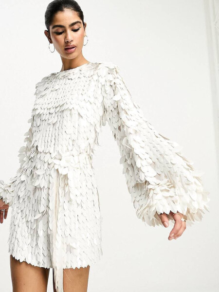 ASOS DESIGN all over feather sequin embellished long sleeved mini dress in white