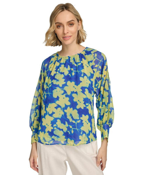 Women's Floral-Print Gathered Cold-Shoulder Blouse