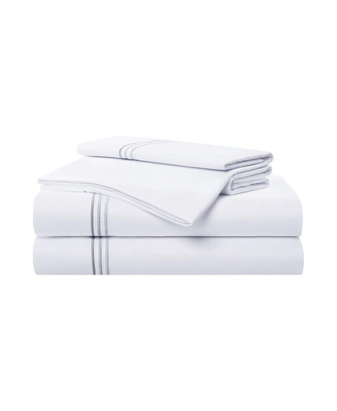 Sateen Queen Sheet Set, 1 Flat Sheet, 1 Fitted Sheet, 2 Pillowcases, 600 Thread Count, Sateen Cotton, Pristine White with Fine Baratta Embroidered 3-Striped Hem