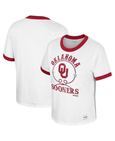 Women's x Wrangler White Distressed Oklahoma Sooners Freehand Ringer T-shirt
